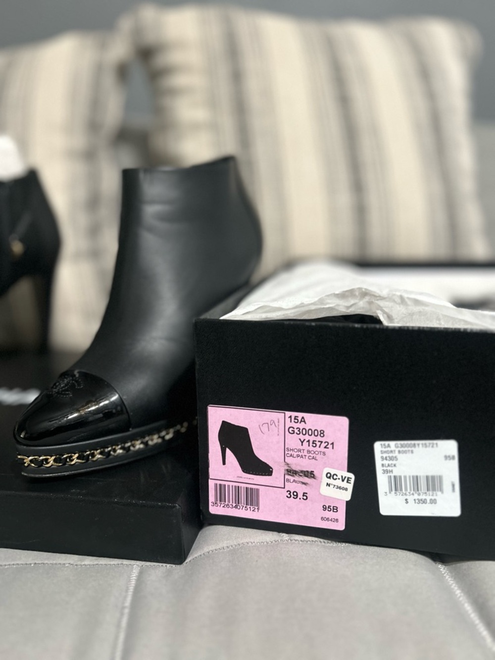 CHANEL Black Leather Peep-Toe Ankle Booties with Patent Cap Toe - Picture 2 of 8